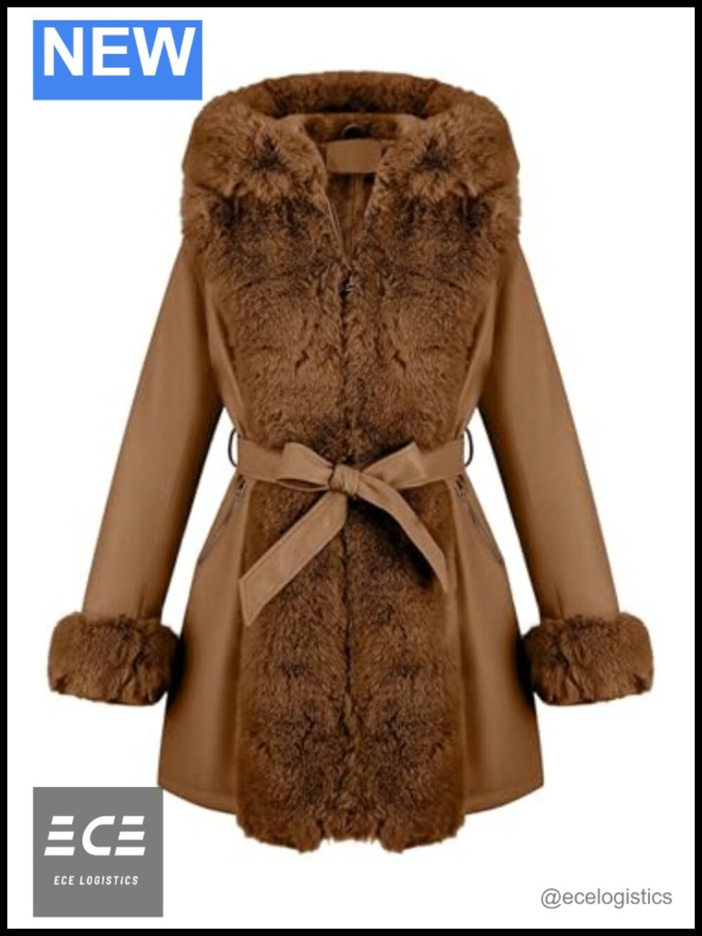 Faux Leather Jacket Fur Lined Hooded Belted Winter Coat